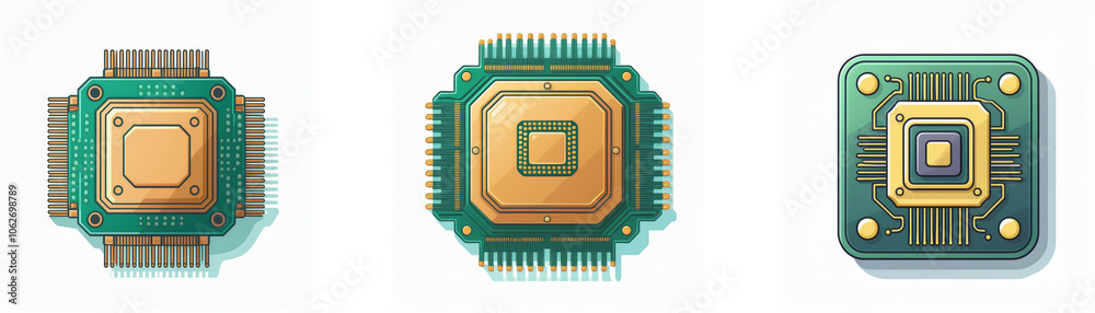 Aufkleber Three computer chips, green circuit boards with golden squares, arranged in a row.
