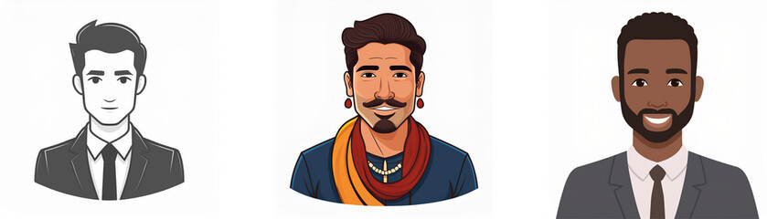 Three diverse men with varying hairstyles, facial hair, and attire.