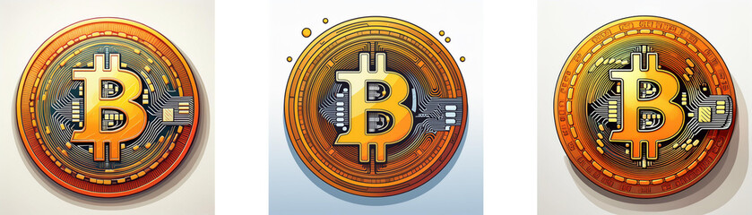Obraz premium Three gold and silver coins with a Bitcoin symbol on a white background.
