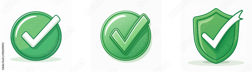 Poster Three green check marks, one in a circle, one in a button, and one in a shield.