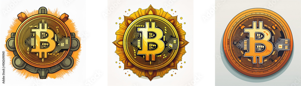 Poster Three circular coin-like designs feature a yellow Bitcoin symbol in the center.