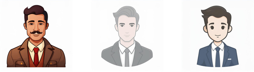 Three cartoon men are shown in the image, each with a different facial expression and hairstyle.