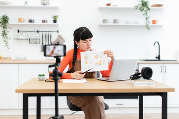 Caucasian woman in late 20s presenting data at home office. Holding paper with charts, she explains while recording with digital camera. Dressed in orange top, brown apron in bright modern kitchen.