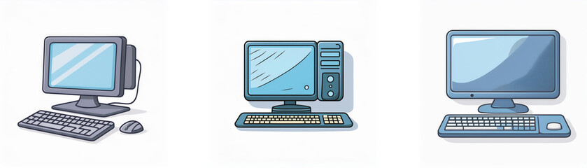 Three cartoon illustrations of desktop computers, each with a monitor, keyboard, and mouse.