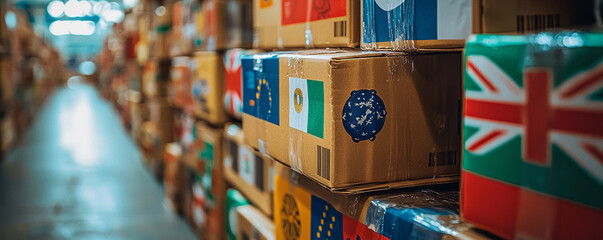 International shipping boxes stacked in warehouse, showcasing various country flags. vibrant colors and designs represent global trade and commerce