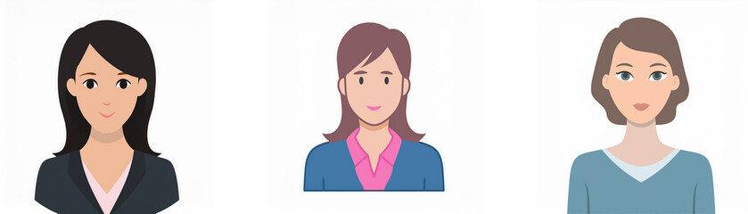 Three cartoon women with different hairstyles and clothing.