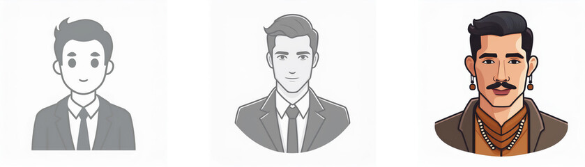 Three cartoon illustrations of men, one in gray tones, one in brown tones, and one in color.