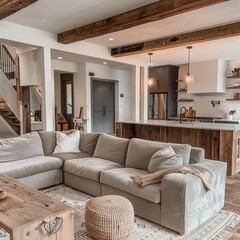 Fototapeta premium A modern living room with a large sectional sofa, coffee table, and ottoman. The room is decorated in a neutral color palette with wood accents.
