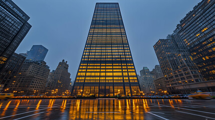 Fototapeta premium A skyscraper in the city with a wet street in front of it.