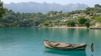 Fototapeta premium A small wooden boat floats on the calm, clear turquoise waters of a secluded bay, with a village and mountains in the background.