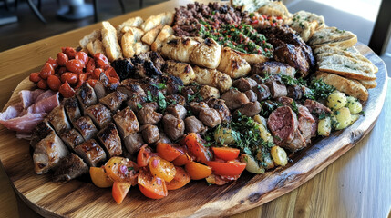 A delicious Ramadan feast! This platter features Turkish and Arabic specialties like Adana, Urfa, and other kebabs made with chicken, lamb, liver, and beef, all served on bread.