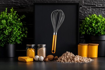 Old-fashioned poster of a whisk and baking ingredients on a counter, with muted tones and classic fonts, capturing retro kitchen vibes