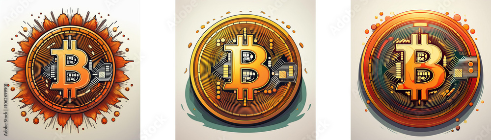 Poster three versions of a stylized gold bitcoin logo with different backgrounds.
