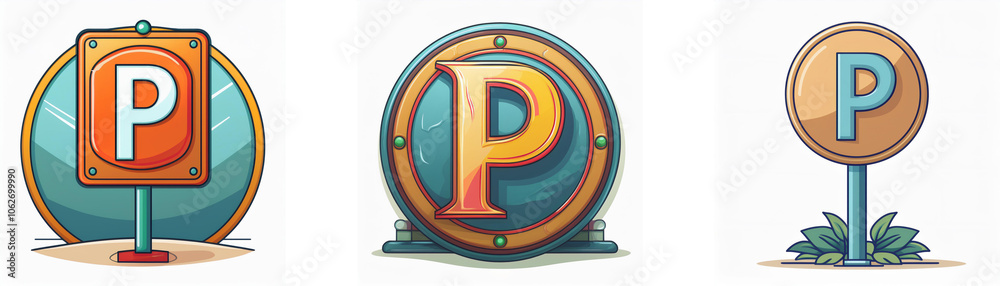 Poster three cartoon parking signs with different styles, featuring a large 