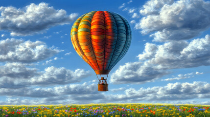Fototapeta premium A vibrant hot air balloon floats above a field of wildflowers, with a clear blue sky and fluffy white clouds.