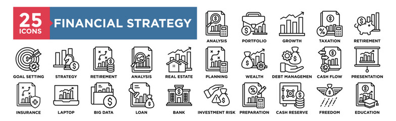 Financial Strategy icon collection set. Containing design strategy, financial, investment, analysis, business, finance