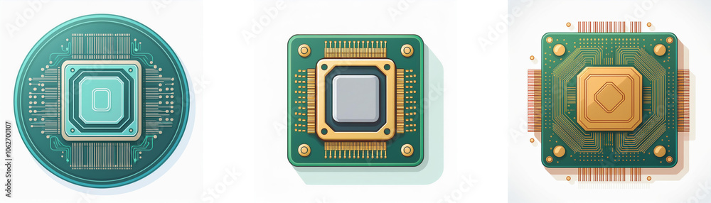 Leinwandbilder three computer chips in different shapes with gold and green color schemes.