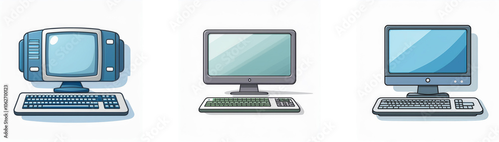 Poster three cartoon computers with keyboards on white background.