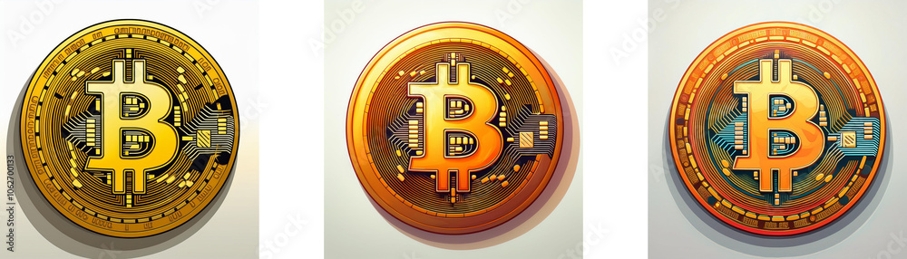 Poster three gold coins with a bitcoin symbol in the center.