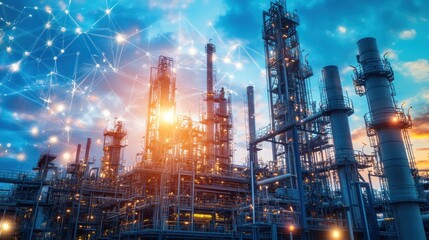 A large industrial plant at sunset with a network of connected dots above it.