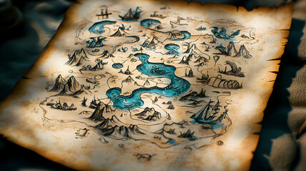 A weathered, hand-drawn map with a winding river, mountains, and a few ships.