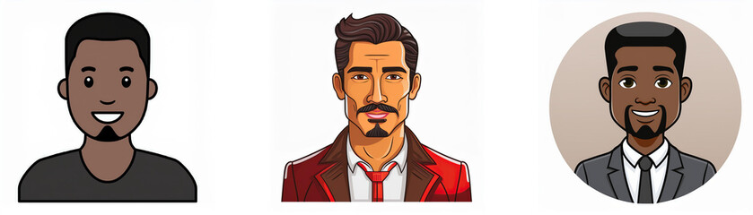 Three cartoon men with different hairstyles and clothing.