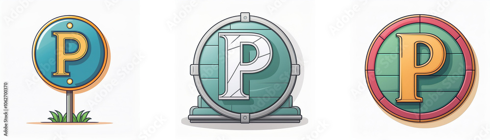 Aufkleber Three circular signs with the letter P, each with a unique design and color scheme.