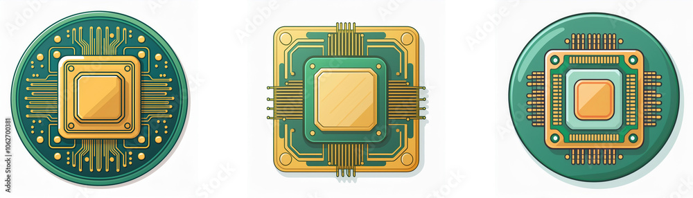 Leinwandbilder three round and square circuit boards with gold and green components.