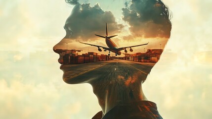 Man's Mind - An Airplane Landing Over a Container Port