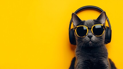 Fototapeta premium Cool Cat Wearing Sunglasses and Headphones Against a Yellow Background