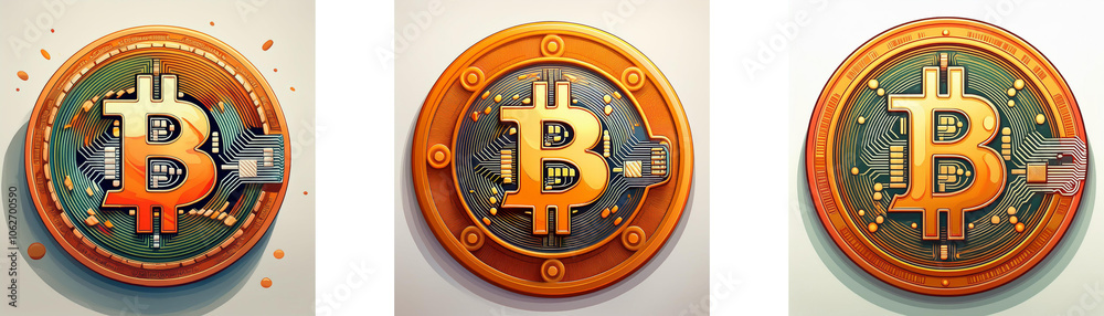 Poster three different variations of a bitcoin coin, with an orange rim and a green inner circle.