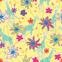 Giraffe Safari Animal Wildlife hand hand draw seamless vector pattern illustration On yellow Background Color With line Doodle Flower Art, multicolor
