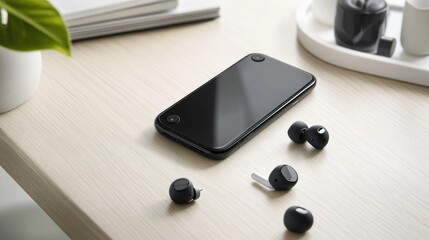 Modern Smartphone and Wireless Earbuds on Desk