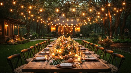 Elegant outdoor family dinner with fairy lights and candles, creating a warm atmosphere for a special celebration