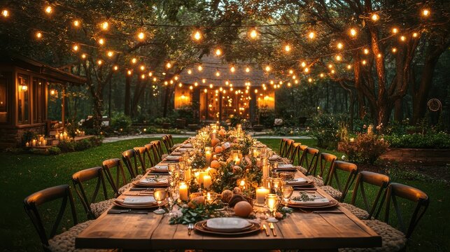 Elegant outdoor family dinner with fairy lights and candles, creating a warm atmosphere for a special celebration