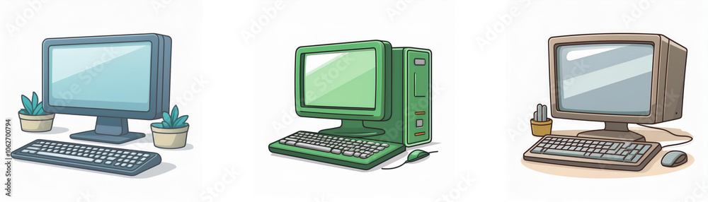 Poster three cartoon illustrations of computers. each computer is a different color, with a matching keyboa