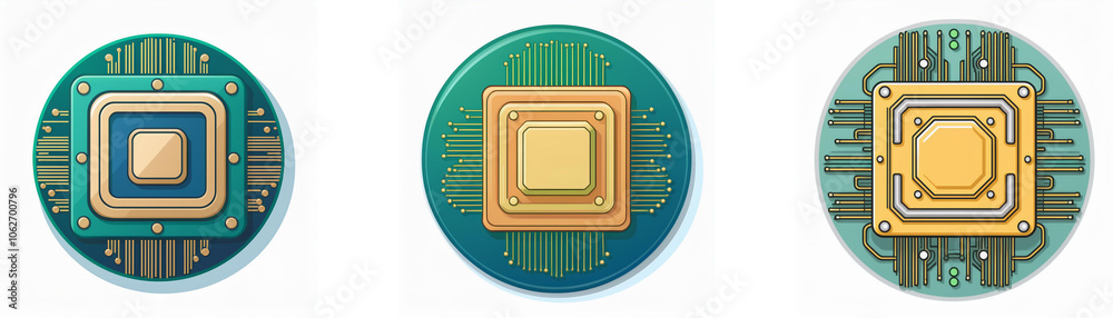 Leinwandbilder three circular icons with a stylized illustration of a computer chip in the center.