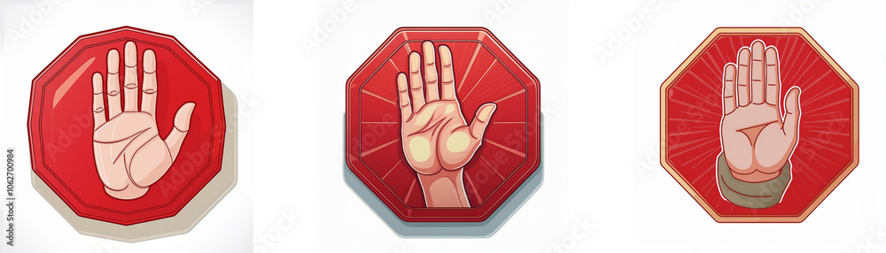 Aufkleber three octagonal stop signs with a white hand in the center, each sign has a different design.
