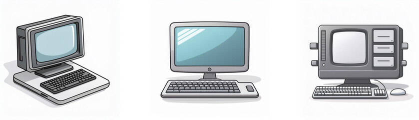 Fototapeta premium Three computer icons illustrate the evolution of personal computing from a classic boxy design to a sleek modern model.