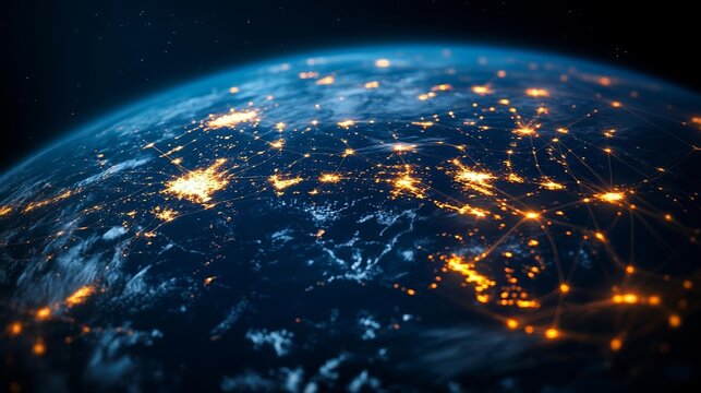 Glowing network of light strings wrapping around Earth, symbolizing the noosphere and the fusion of technology with human consciousness