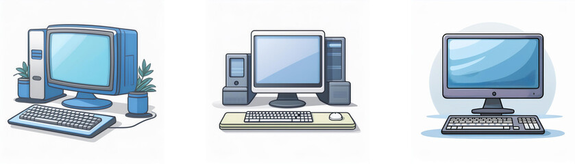 Fototapeta premium Three cartoon desktop computer illustrations with keyboards and monitors.