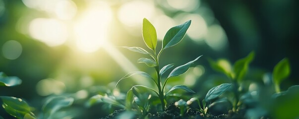 Obraz premium Closeup of a sprouting plant with soft sunlight in the background, representing the future of environmental sustainability and clean energy solutions