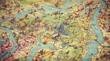 Naklejka premium Close up of an old, hand drawn map with colorful details.