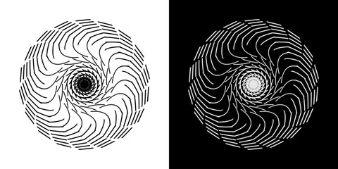Abstract background with abstract line pattern in circles. Spiral art design as a logo or icon. A black figure on a white background and the same white figure on a black side. Mandala design with line