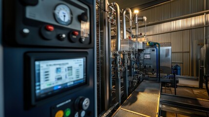A close-up of a control panel in a factory, displaying data and gauges.