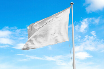 blank white flag on blue sky, mockup ,3d illustration, 3d rendering