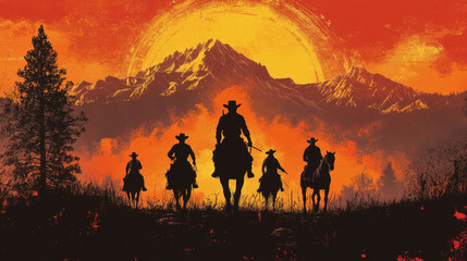 A classic Western movie poster featuring silhouettes of a cowboy, sheriff, and outlaw riding a horse through mountains at sunset or sunrise. The poster is designed in a vertical style.