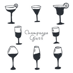 Champagne Glass Icon Set. Wine Glass, Sparkling Wine, Celebration. Champagne Flute, Cheers, and Party Icons. Elegant Line Art Collection for Festive Events, Weddings, Celebrations, and Holidays