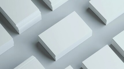 Blank business cards stacked in diagonal rows on a light grey background, creating a simple and modern design.