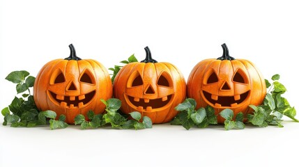 Three cheerful Halloween pumpkins with carved faces, surrounded by green leaves, on a white isolated background.